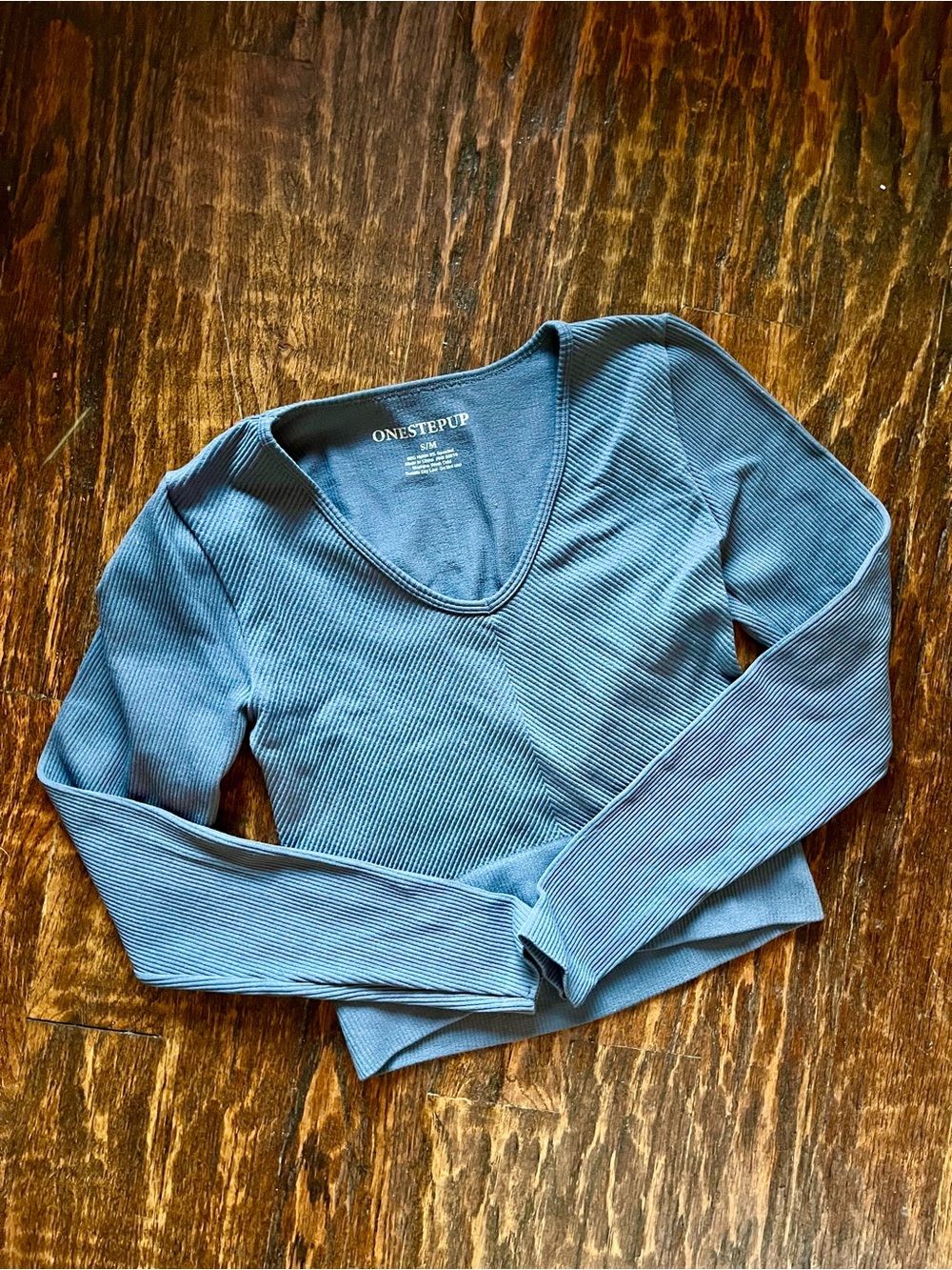 ONESTEPUP Dusty Gray Blue Seamless Ribbed V-Neck Long Sleeve Crop Top S/M